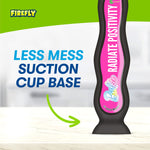 Graphic of a toothbrush handle with suction-cup base and copy calling out 'Less Mess Suction Cup Base'