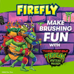 Firefly branded graphic featuring Teenage Mutant Ninja Turtles artwork and slogan encouraging brushing fun on purple brick background