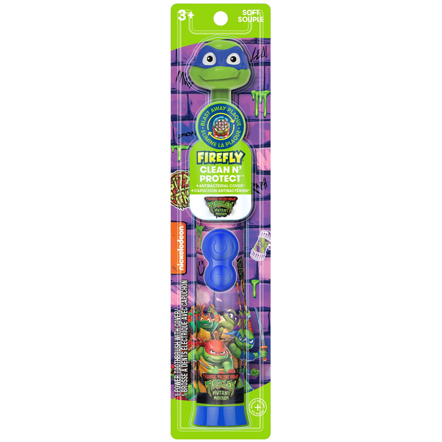 Packaged Firefly Teenage Mutant Ninja Turtles themed electric kids toothbrush with blue cover and character artwork