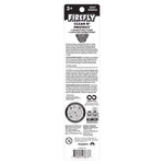 Back panel of Firefly toothbrush packaging showing product information, warnings, barcode and brand logo in black and white
