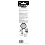 Back panel of Firefly light-up timer toothbrush packaging showing product text, icons and a QR code in black and white