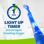 Promotional image of a blue Firefly toothbrush with graphic showing a one-minute light-up timer encouraging longer brushing