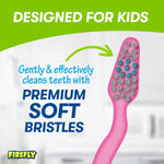 Close-up product graphic showing a pink child toothbrush head with text highlighting 'premium soft bristles'