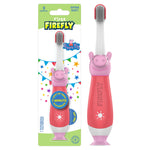 Peppa Pig themed First Firefly light-up training toothbrush in packaging, pink handle with pig character and suction base