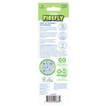 Back of First Firefly toothbrush blister card showing product information, icons, recycling and barcode details