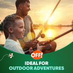 Lifestyle image of a father and son fishing at sunset with OFF! logo and text indicating the product is ideal for outdoor adventures.