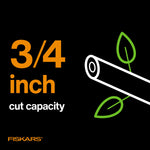 Graphic panel showing '3/4 inch cut capacity' text with stylized branch and leaves on black background and Fiskars logo