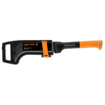 Fiskars curved brush axe in molded sheath with orange retention strap and visible product label