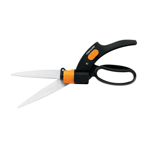 Fiskars black-and-orange grass shears with stainless blades shown open, swivel joint and ergonomic handles visible