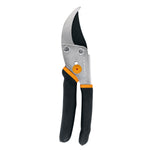 Close-up studio image of a Fiskars bypass pruner with black handles and orange accents