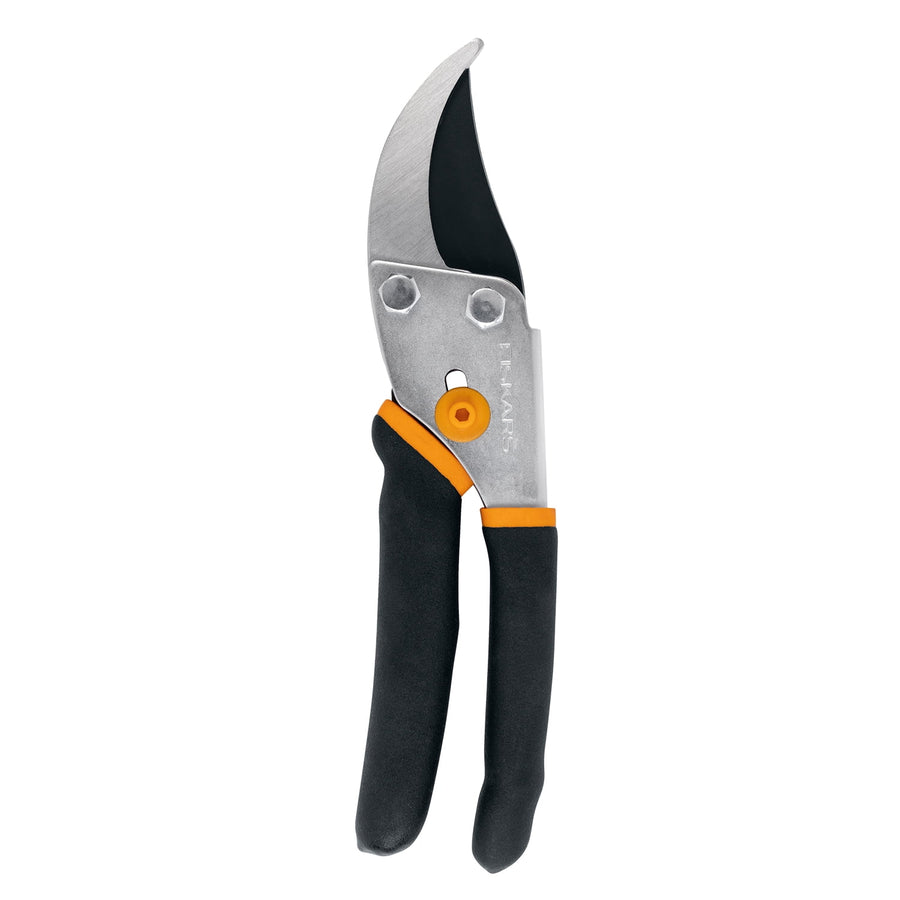 Close-up studio image of a Fiskars bypass pruner with black handles and orange accents