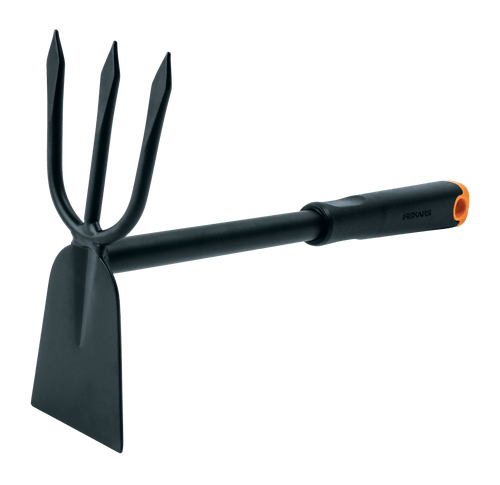 Angled studio photo of a black Fiskars cultivator hoe showing three tines and a flat hoe blade