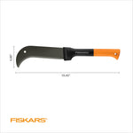 Fiskars curved brush axe shown with dimension lines indicating overall length and blade height