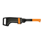 Fiskars curved blade axe shown with protective hard sheath clipped over the blade and orange handle