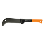Fiskars curved-blade brush axe with black blade and orange-and-black handle on white background