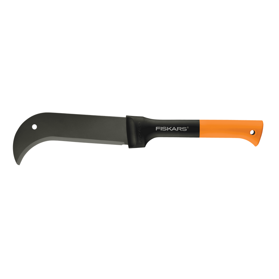 Fiskars curved-blade brush axe with black blade and orange-and-black handle on white background