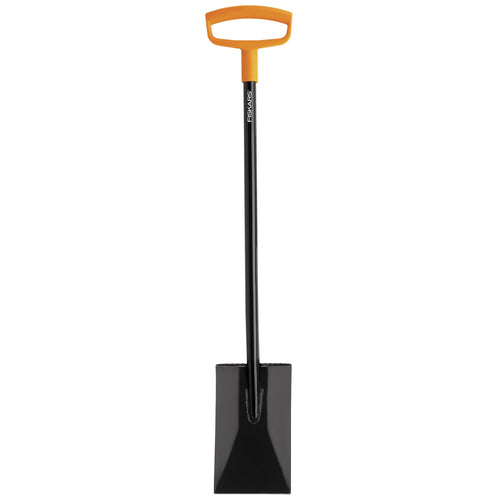 Full-length Fiskars D-handle garden spade with black shaft and orange D-grip on white