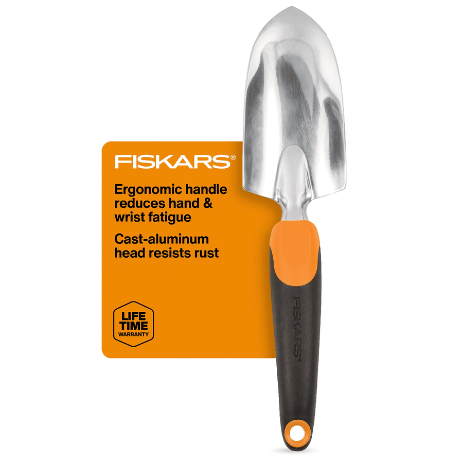Fiskars garden trowel with cast-aluminum blade and black-orange ergonomic handle on white background with orange info card