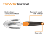 Overhead product diagram of Fiskars ergo trowel showing cast-aluminum head, ergonomic SoftGrip handle and hang hole labels