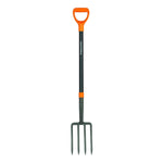 Full-length Fiskars garden pitchfork with D-handle, black fiberglass shaft and four metal tines on white background.