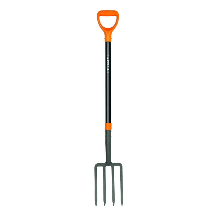 Full-length Fiskars garden pitchfork with D-handle, black fiberglass shaft and four metal tines on white background.