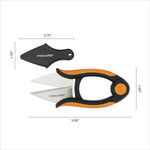 Measurement diagram of Fiskars herb snip and protective sheath with length and height dimensions
