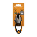 Fiskars herb snip in retail blister card packaging with orange branded backing