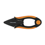 Fiskars herb snip shown sheathed with protective cover on stainless blades and orange-black handle