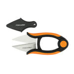 Top-down view of Fiskars herb snip showing stainless blades, black-orange handle and protective sheath