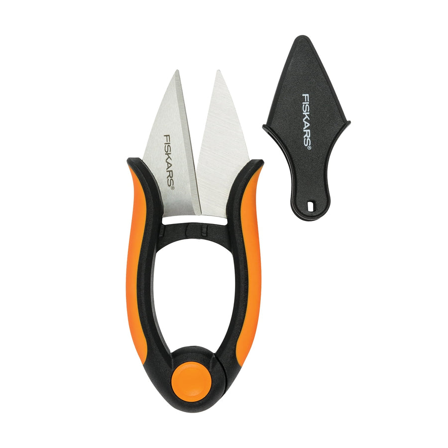 Fiskars herb snip with stainless steel blades and black-orange ergonomic handle, sheath beside blades
