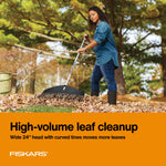 Lifestyle image of a woman using a Fiskars leaf rake to clear a large pile of leaves; product branding and text panel below