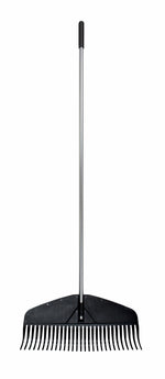 Full-length Fiskars leaf rake with aluminum shaft and wide black poly head shown against white background