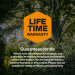 Fiskars lifetime warranty badge over a forest background with text 'Guaranteed for life' and warranty details below