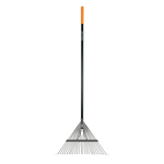 Full-length Fiskars metal-tine leaf rake with black handle and orange grip on a plain background.