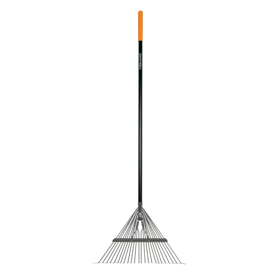 Full-length Fiskars metal-tine leaf rake with black handle and orange grip on a plain background.