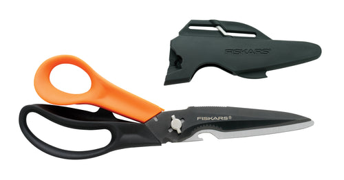 Fiskars orange and black multipurpose straight-blade garden shears shown with a black protective sheath on a white background.