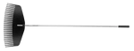 Horizontal view of Fiskars poly leaf rake showing long metal handle and wide curved black tine head