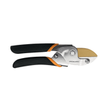 Fiskars Power-Lever anvil pruner showing black ergonomic handles and titanium-coated anvil blade