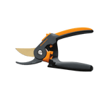 Angled profile of Fiskars PowerGear2 bypass pruner with gold titanium-coated blade and black-orange handles