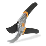 Angled studio shot of a Fiskars bypass pruner showing black handles, orange accents and hooked blade
