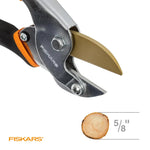 Angled view of Fiskars anvil pruner blade cutting illustration showing 5/8" branch diameter
