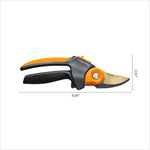Side view of Fiskars PowerGear2 pruner showing overall length and height dimensions with blade labeled Titanium