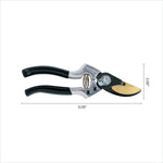 Fiskars pruner on white background with horizontal and vertical dimension lines showing length and height.
