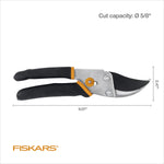 Fiskars pruner laid flat on white background with dimensions and cut capacity text displayed