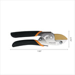 Fiskars Power-Lever anvil pruner on white background with dimensions 7.85" by 2.70" shown