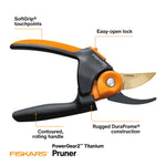 Fiskars PowerGear2 pruner annotated infographic highlighting SoftGrip, easy-open lock and DuraFrame construction