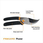 Fiskars pruner on white background with callouts for all-steel design, low-friction coating and non-slip grips