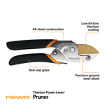 Fiskars pruner with callouts highlighting all-steel construction, non-slip grips and titanium coating