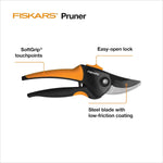 Diagram-style image of Fiskars pruner with callouts for SoftGrip touchpoints, easy-open lock, and low-friction steel blade