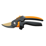 Fiskars PowerGear2 bypass pruner shown horizontally with gold-coated blade and ergonomic black and orange handle